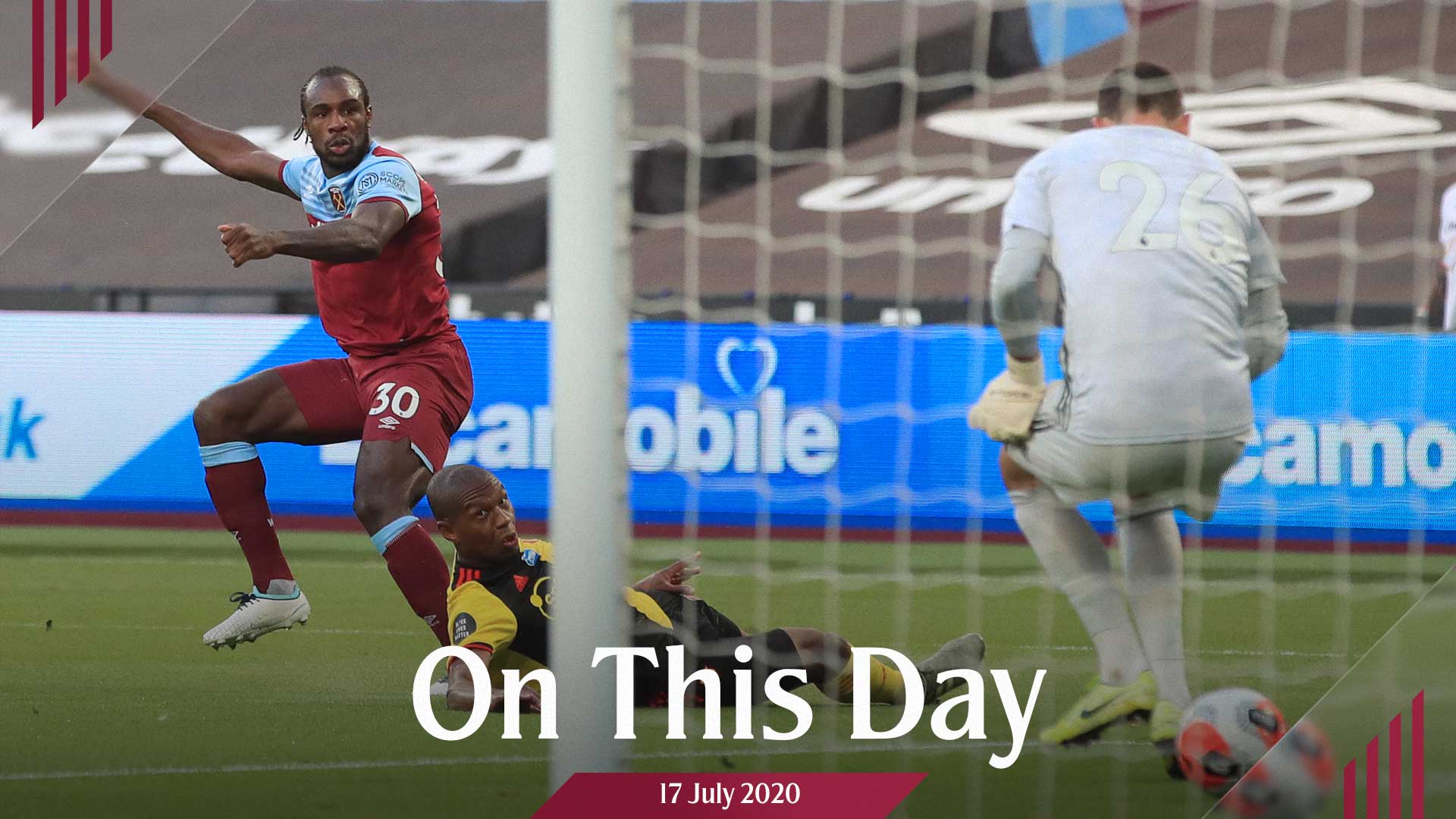 Michail Antonio scores against Watford in July 2020