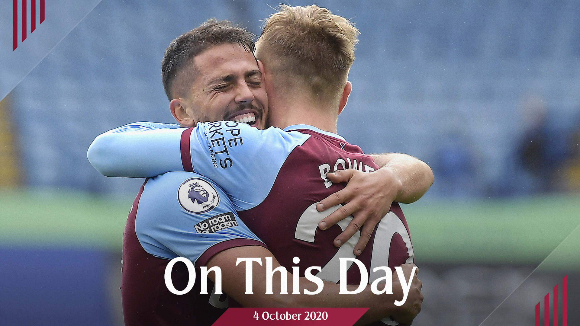 Jarrod Bowen and Pablo Fornals celebrate at Leicester in 2020